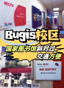 The image shows the entrance to an IELTS test center. The center is located in Bugis, Singapore, and is affiliated with IDP Education. The entrance is marked with a sign that says "Bugis 校区" in Chinese characters, which means "Bugis Campus." There is also a sign that says "Official Test Venue" and a sign that says "No Entry (Exam in Progress)." The image also shows a map of the area, with the test center marked with a red dot.