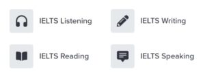 Four square, light gray icons with dark gray symbols and text, clearly labeling the four sections of the IELTS (International English Language Testing System) exam: IELTS Listening (headphones icon), IELTS Writing (pencil icon), IELTS Reading (open book icon), and IELTS Speaking (chat bubble icon). This image is likely used on a website or promotional material related to IELTS preparation or testing, potentially in Sri Lanka given the previous context.