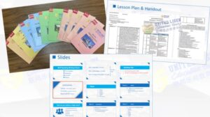 A collection of English lesson plan documents, including handouts, slides, and a lesson plan, from United Lisen Education Centre in singapore